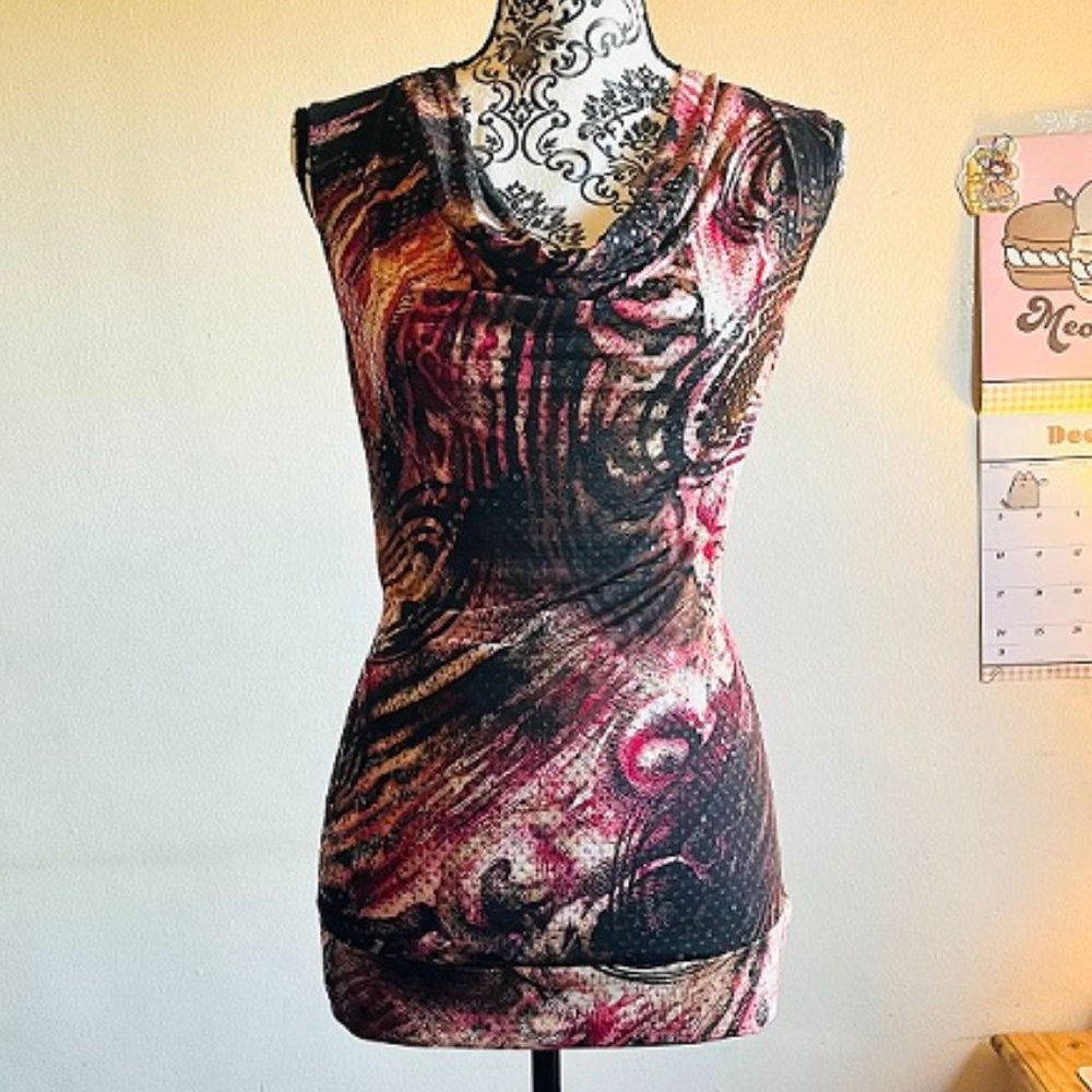 abstract pattern shimmery scoop neck dress shirt size S - Picture 3 of 6